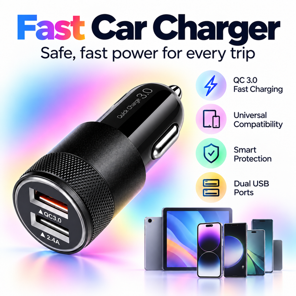 Cargador Rápido para Auto USB Doble Puerto